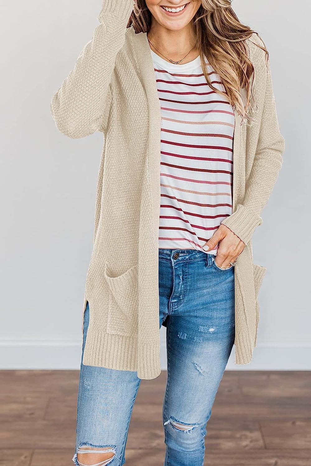 Women's Long Sleeve Waffle Knit Cardigan Cozy Sweater CD454