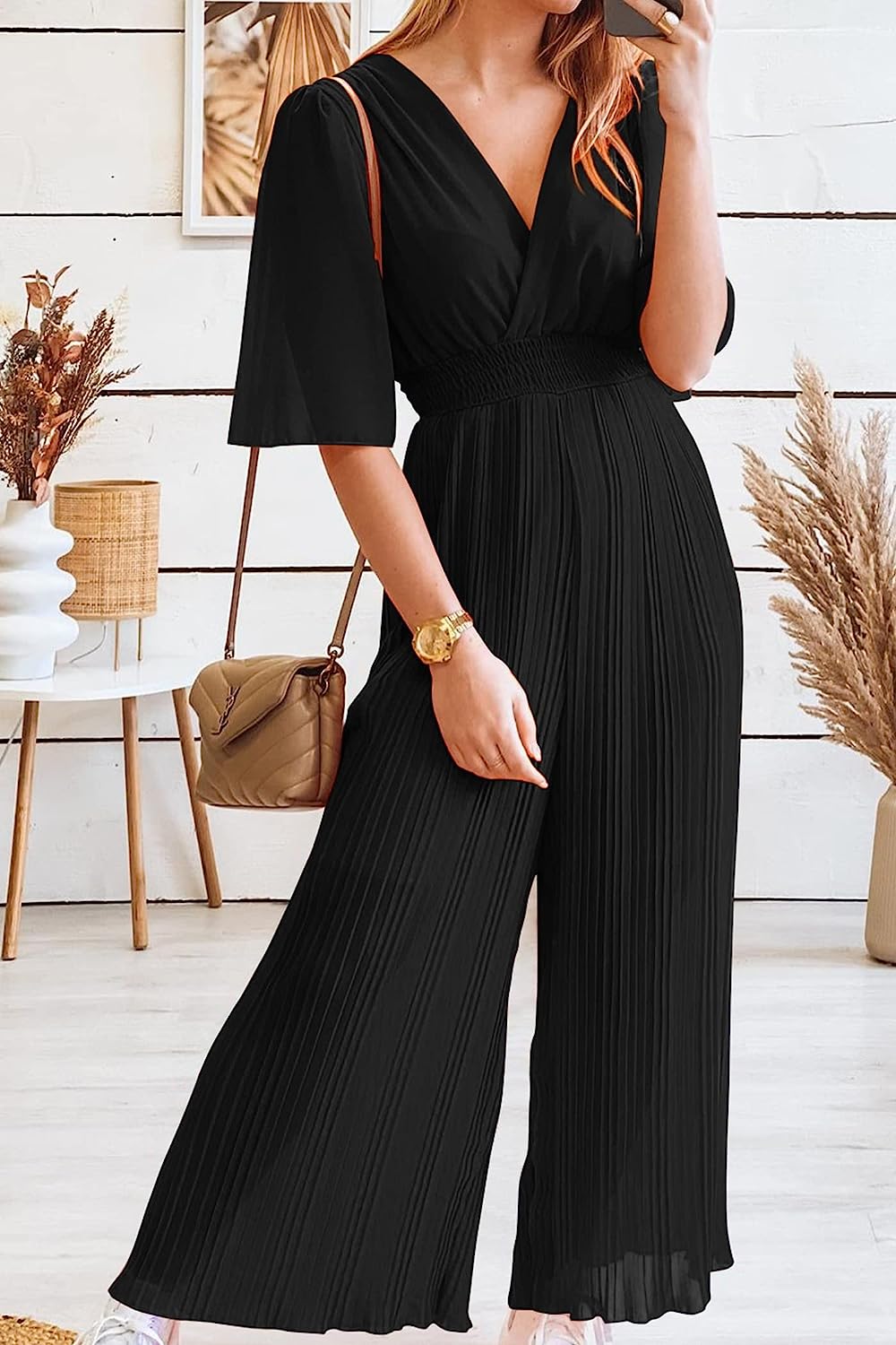 Women's Wrap Ruffle Sleeve Wide Leg One Piece Jumpsuit CD472