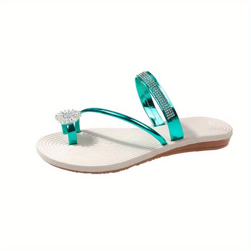 Women's Flower Rhinestone Flat Flip Flops Beach Slippers CD429