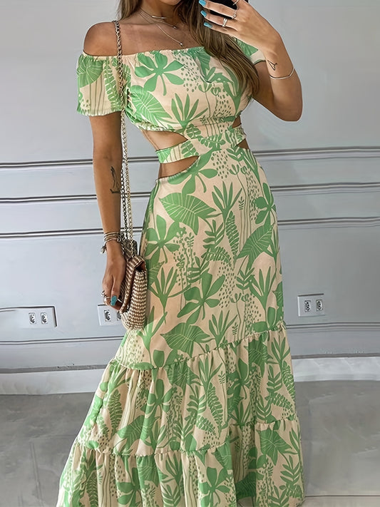 Tropical Print Off Shoulder Cut Out Maxi Dresses CD179
