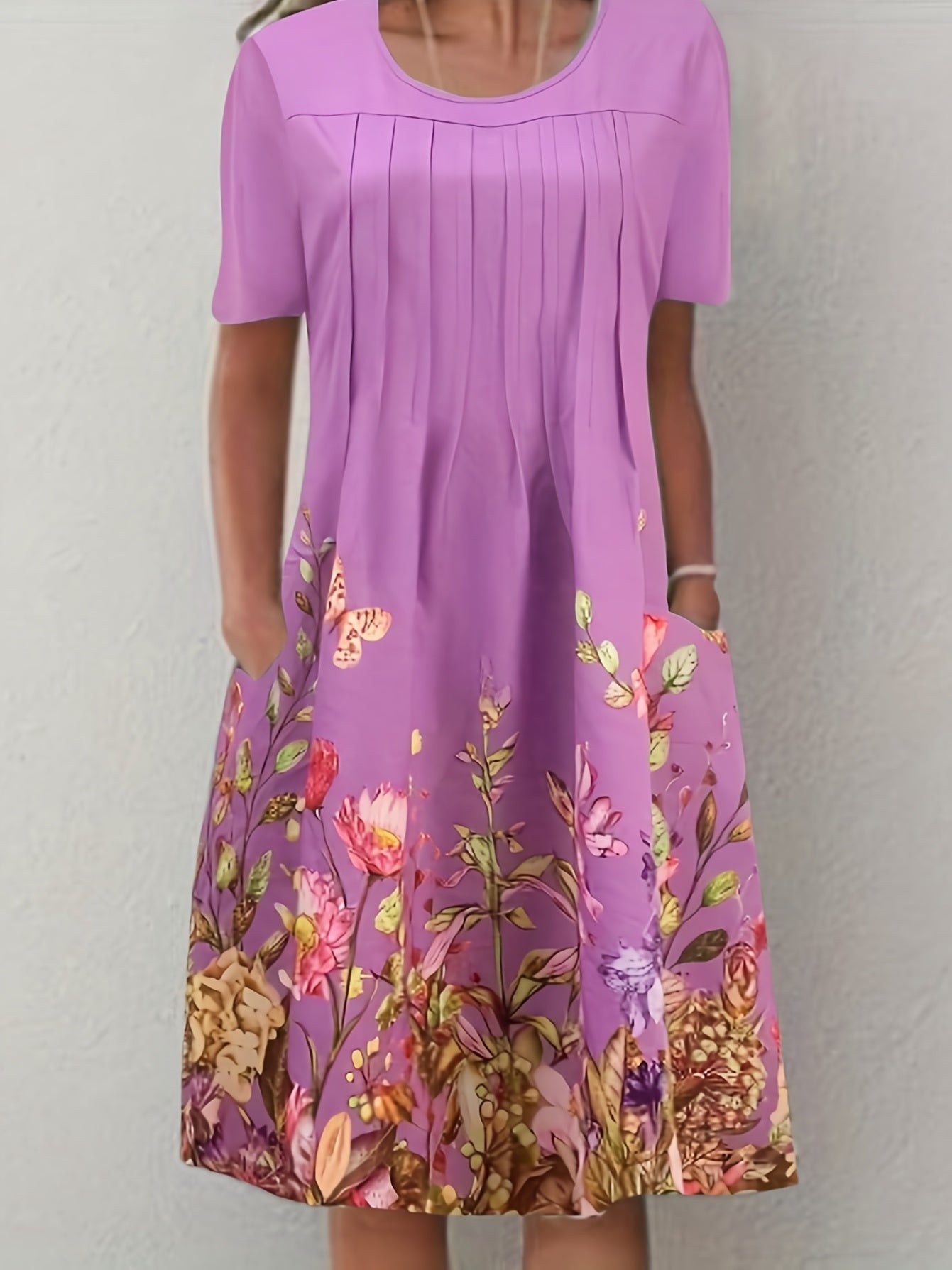 Floral Print Pleated Dual Pockets Dress CD189