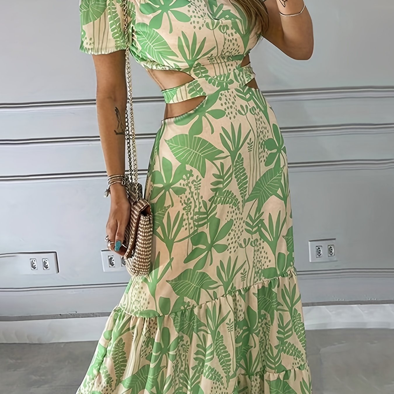 Tropical Print Off Shoulder Cut Out Maxi Dresses CD179