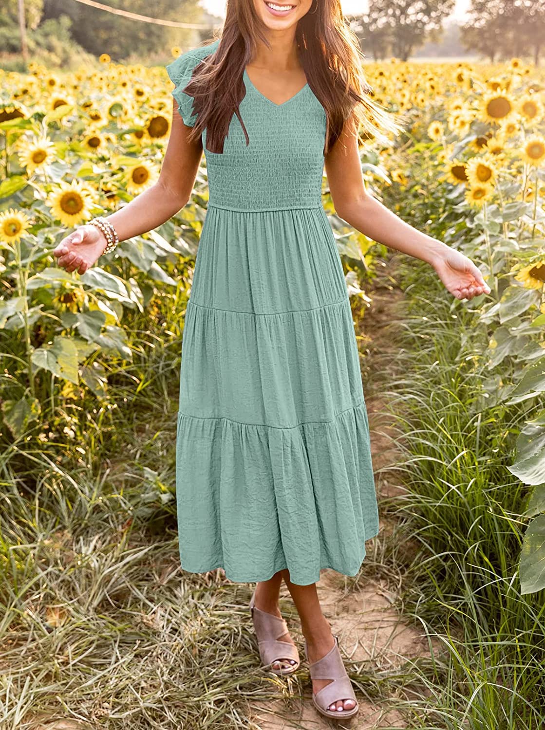 Women's Flutter Sleeve Smocked Midi Dress with Pockets CD442