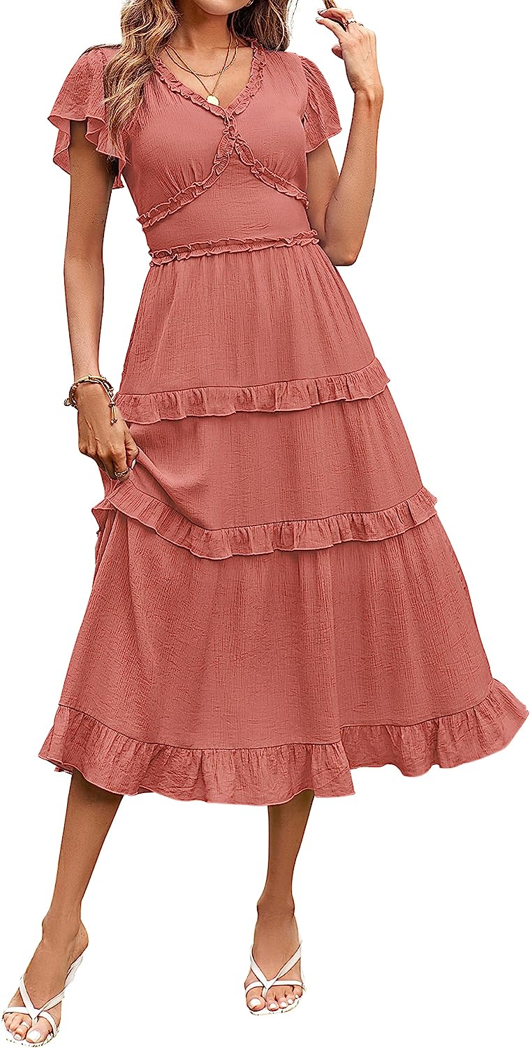 Womens V Neck Flutter Sleeve High Waist Midi Dress CD450