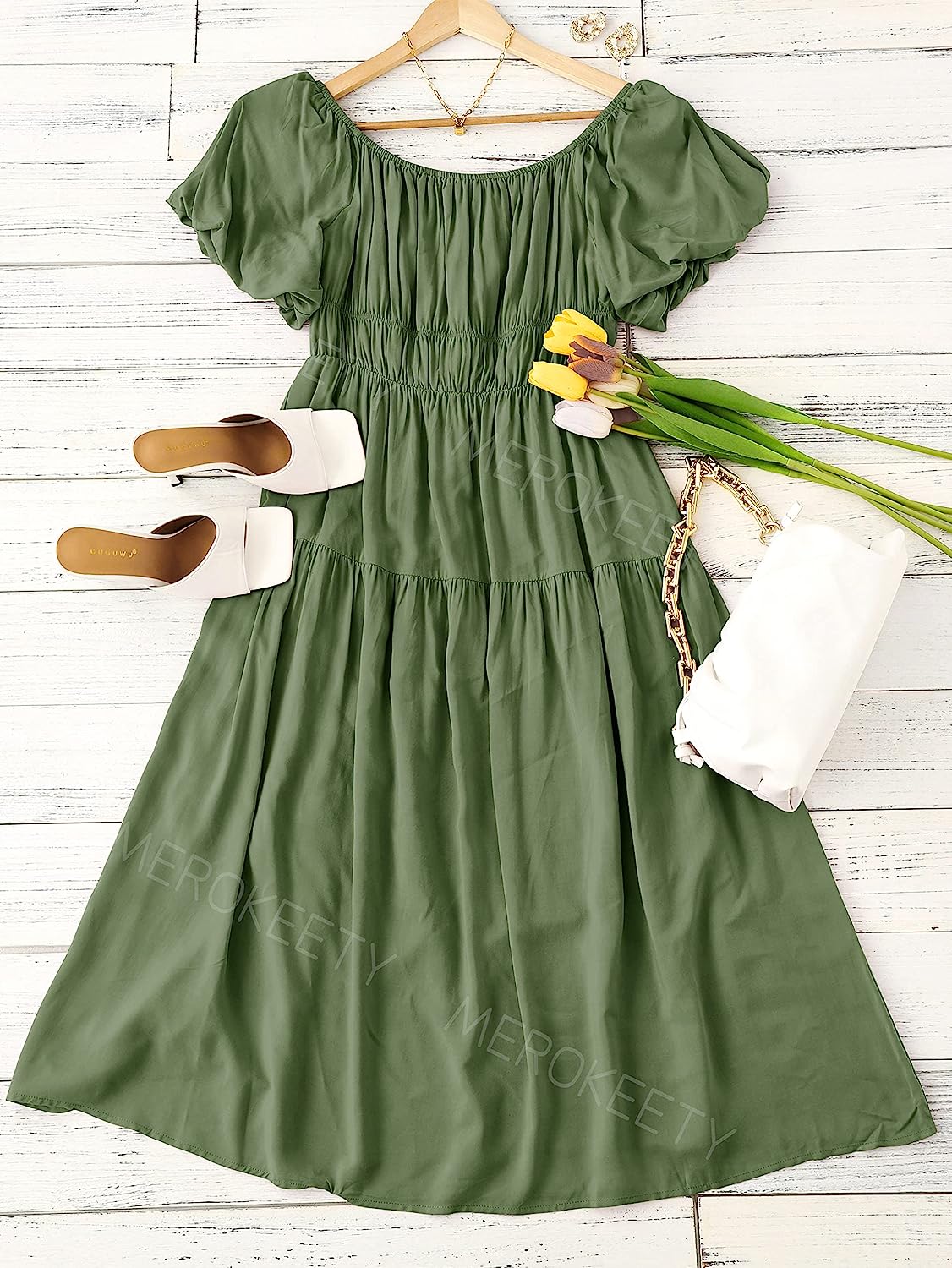 Women's Puff Sleeve Off Shoulder Summer Midi Dress CD446