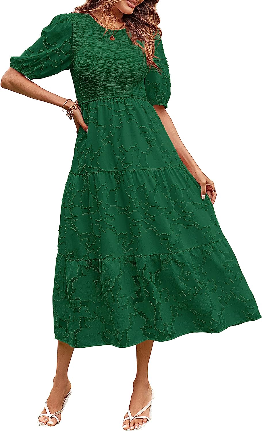 Women's Puff Sleeve Floral Crewneck Midi Dress CD451
