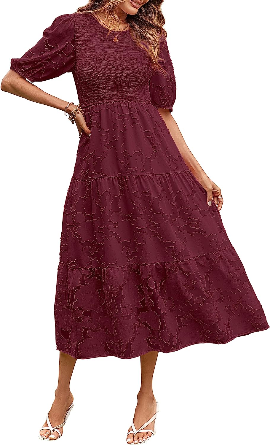 Women's Puff Sleeve Floral Crewneck Midi Dress CD451