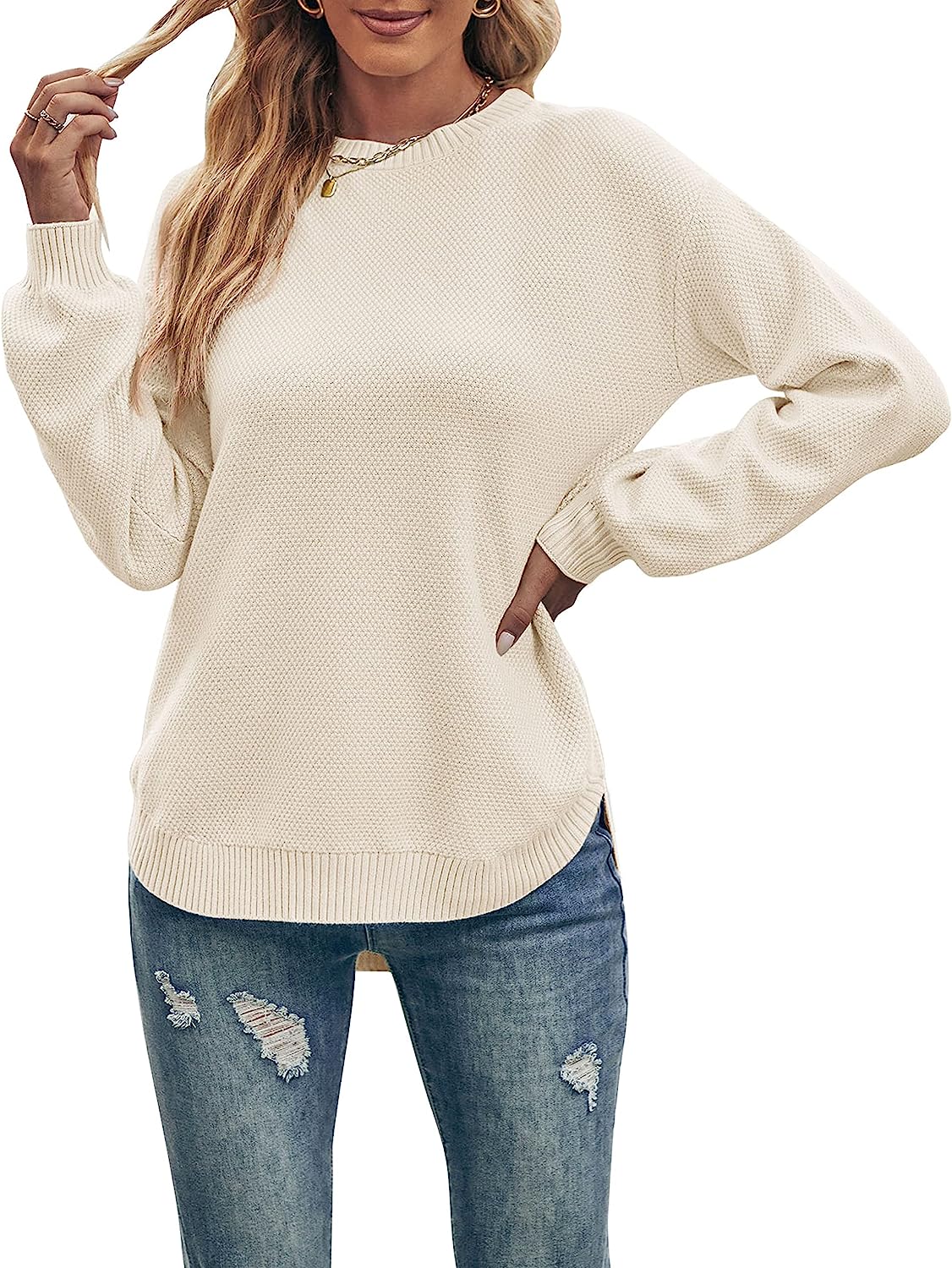 Women's Long Balloon Sleeve Crew Neck Sweater Tops CD458