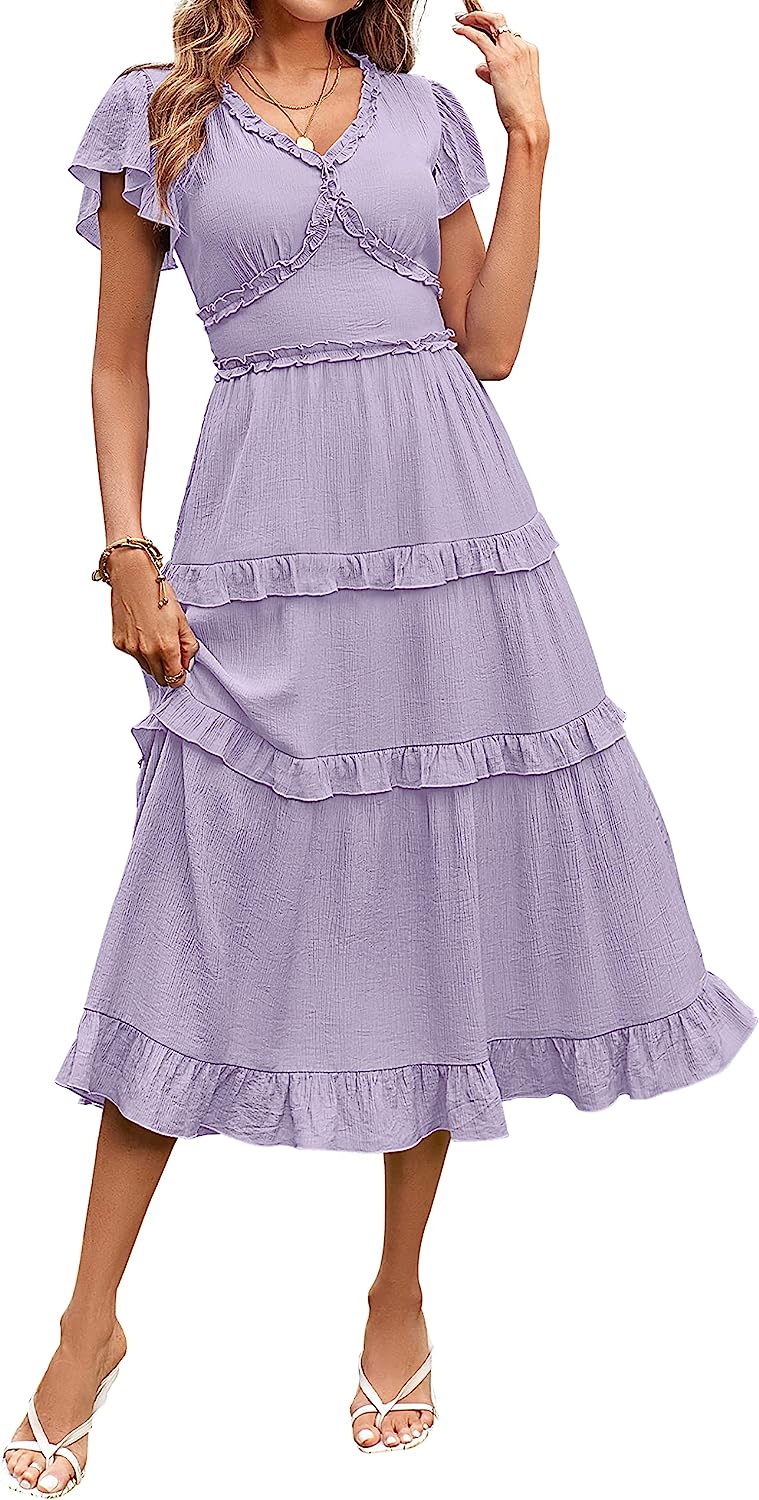 Womens V Neck Flutter Sleeve High Waist Midi Dress CD450