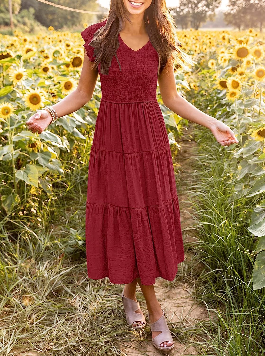 Women's Flutter Sleeve Smocked Midi Dress CD435