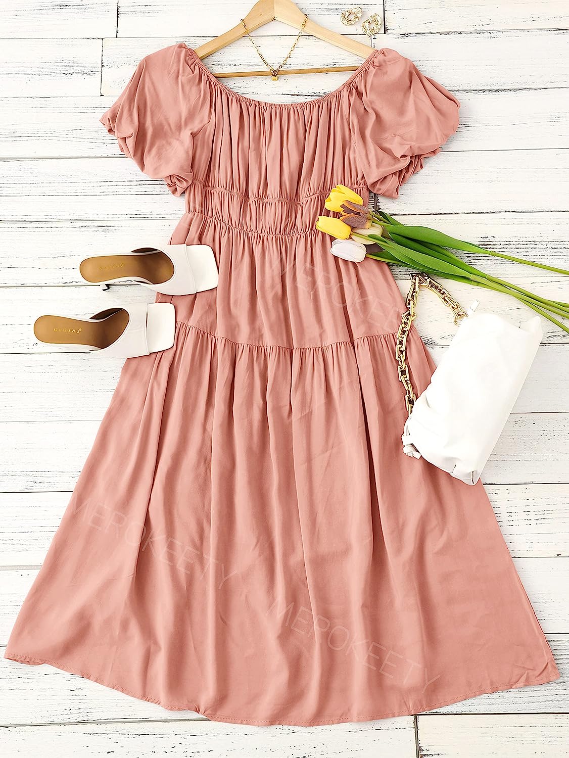 Women's Puff Sleeve Off Shoulder Summer Midi Dress CD446
