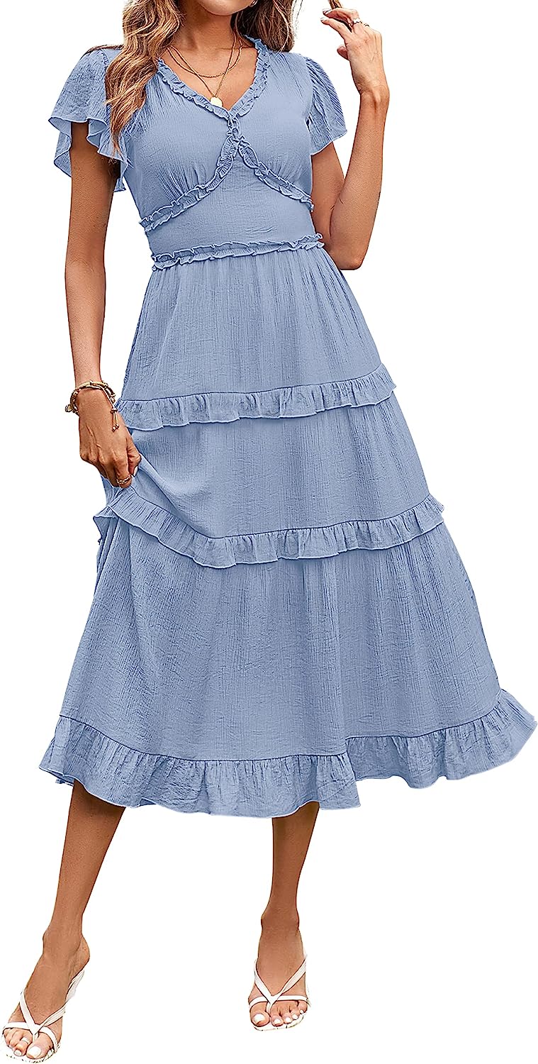 Womens V Neck Flutter Sleeve High Waist Midi Dress CD450