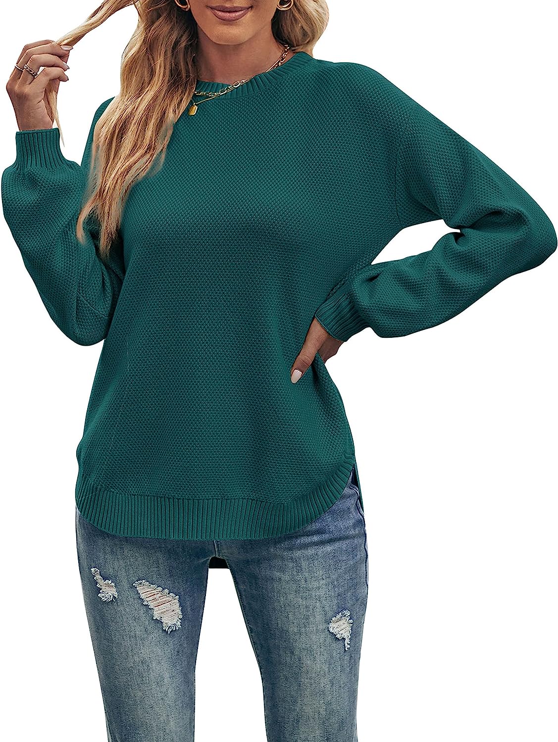 Women's Long Balloon Sleeve Crew Neck Sweater Tops CD458