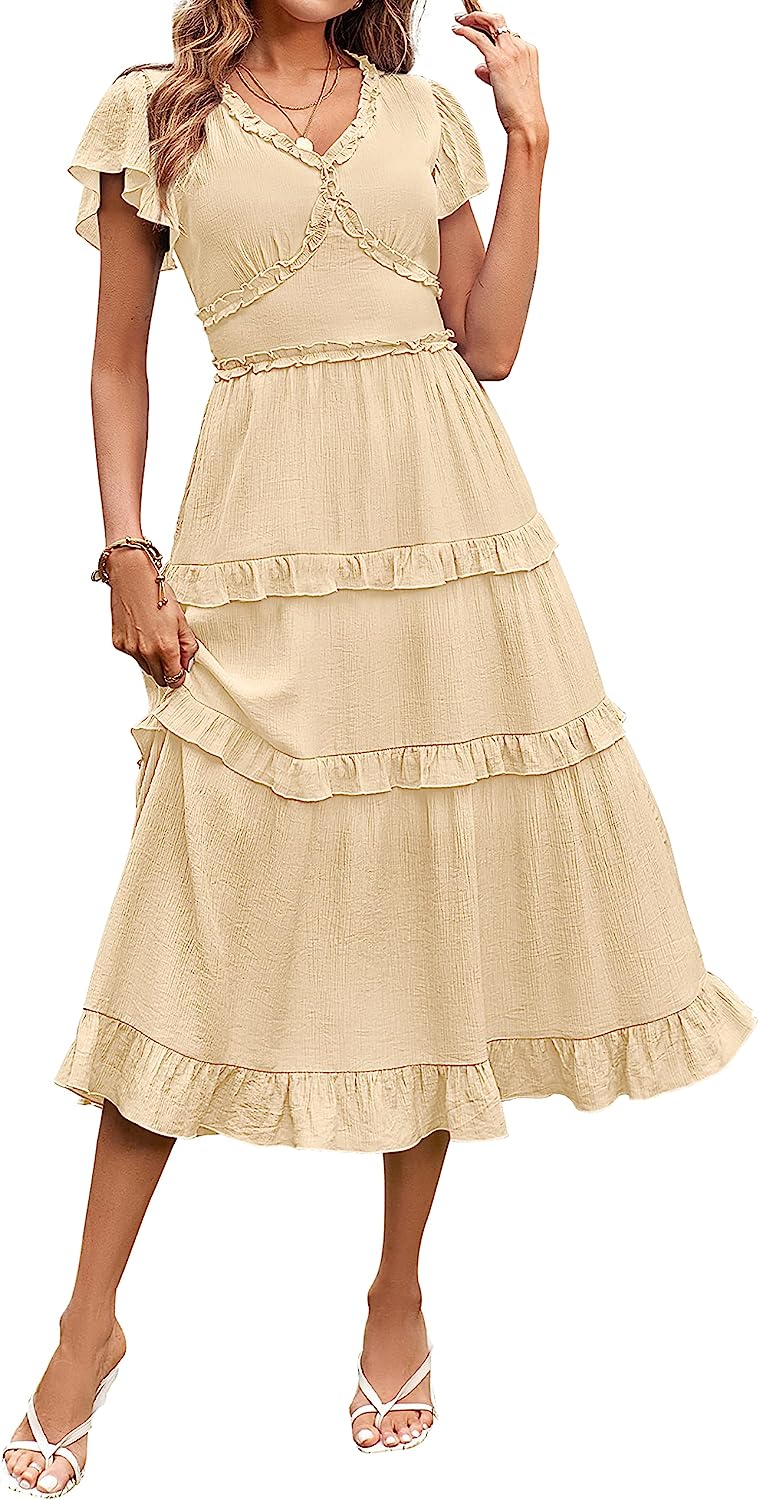 Womens V Neck Flutter Sleeve High Waist Midi Dress CD450