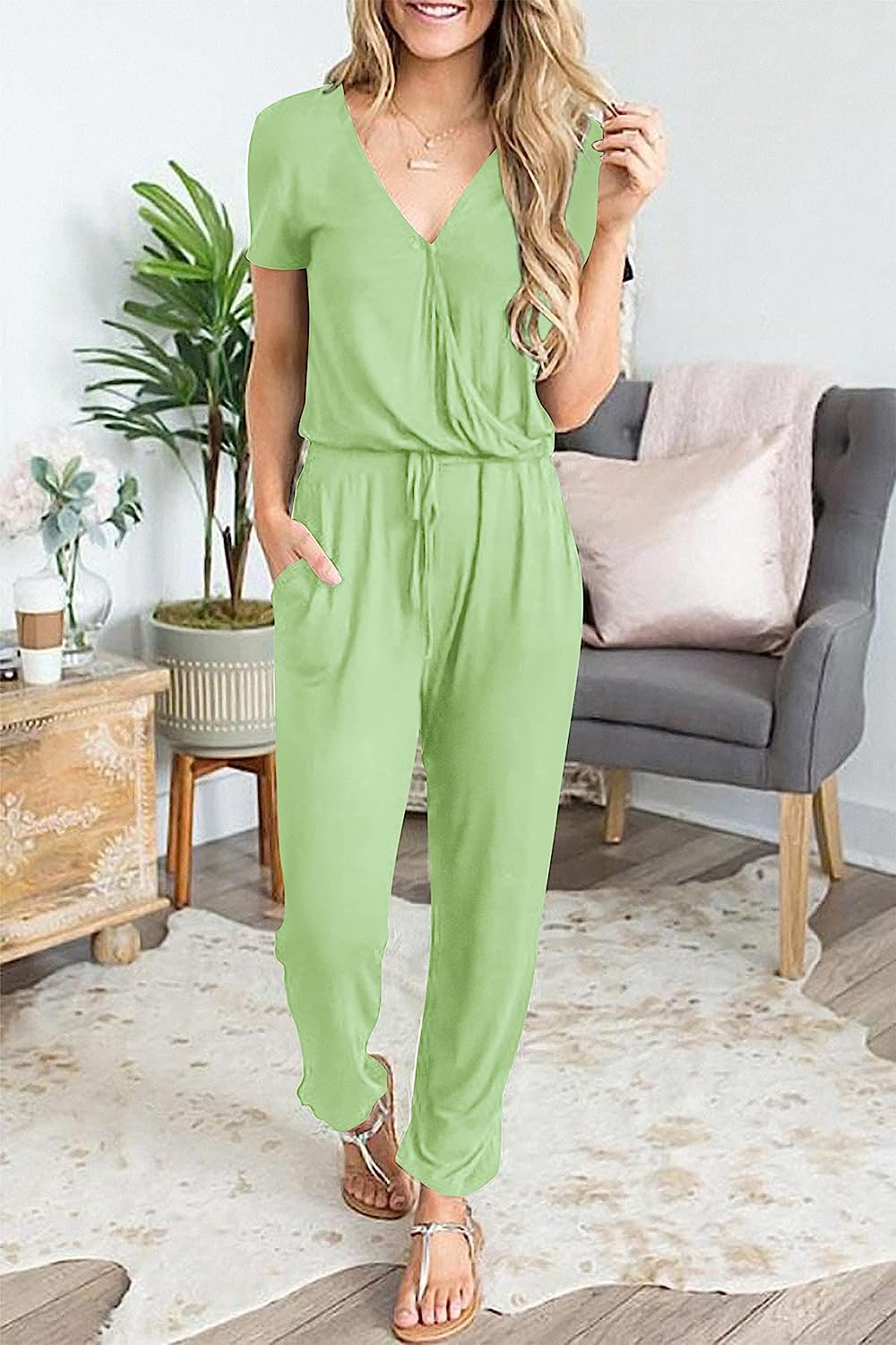 Women's Deep V Neck Drawstring Waist Jumpsuit CD496