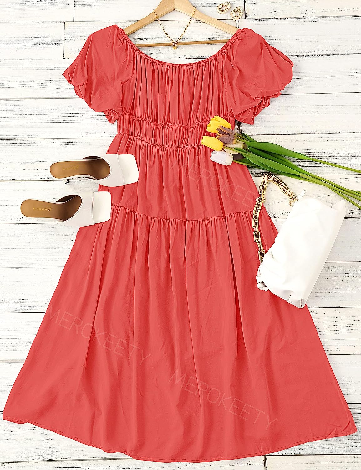Women's Puff Sleeve Off Shoulder Summer Midi Dress CD446