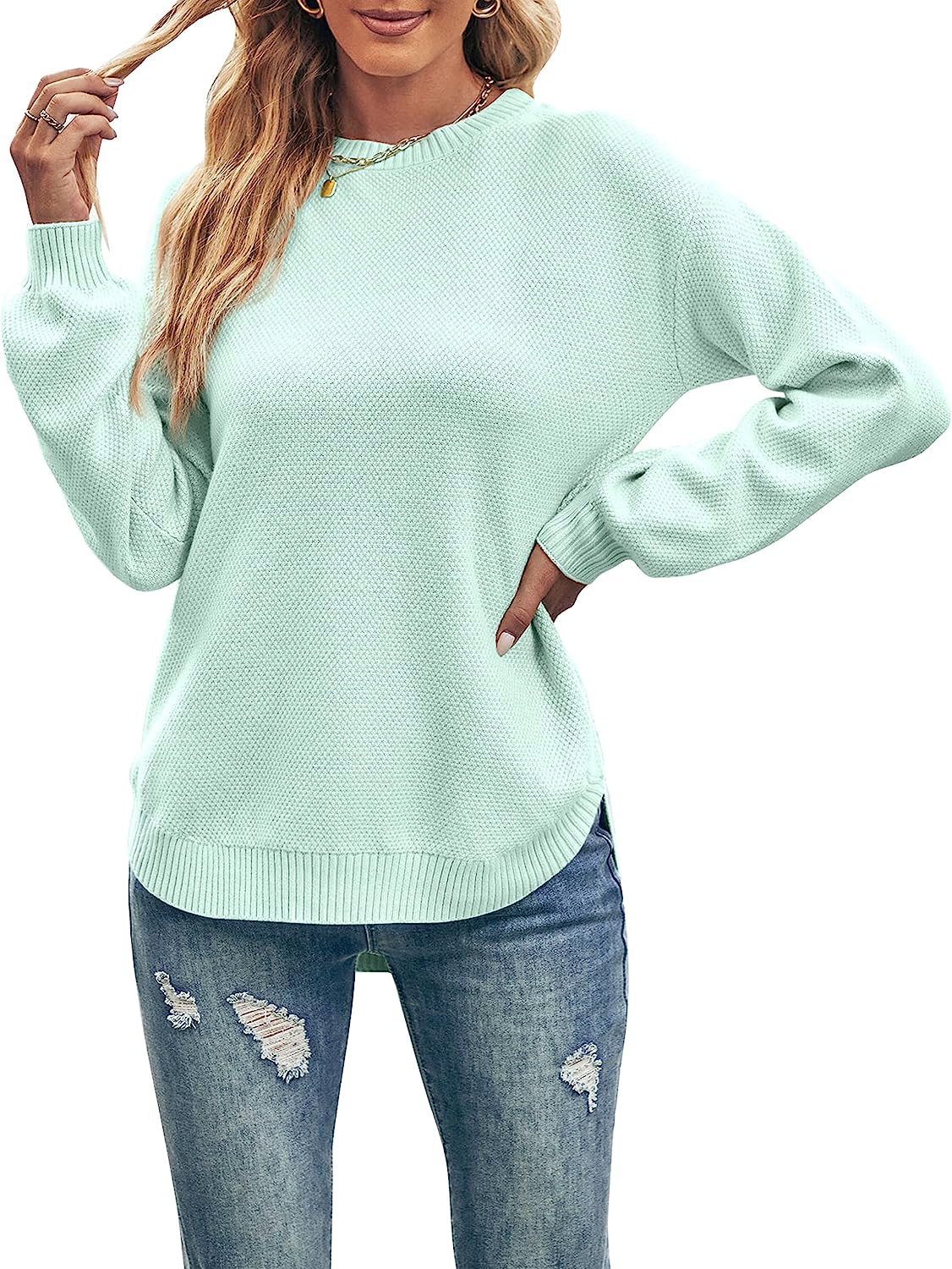 Women's Long Balloon Sleeve Crew Neck Sweater Tops CD458
