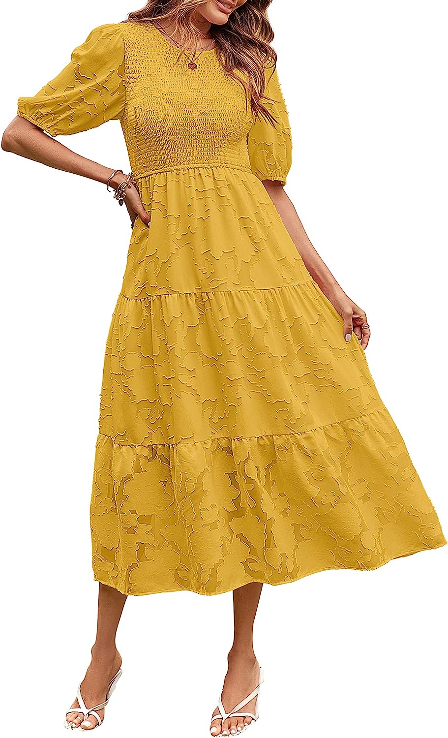 Women's Puff Sleeve Floral Crewneck Midi Dress CD451