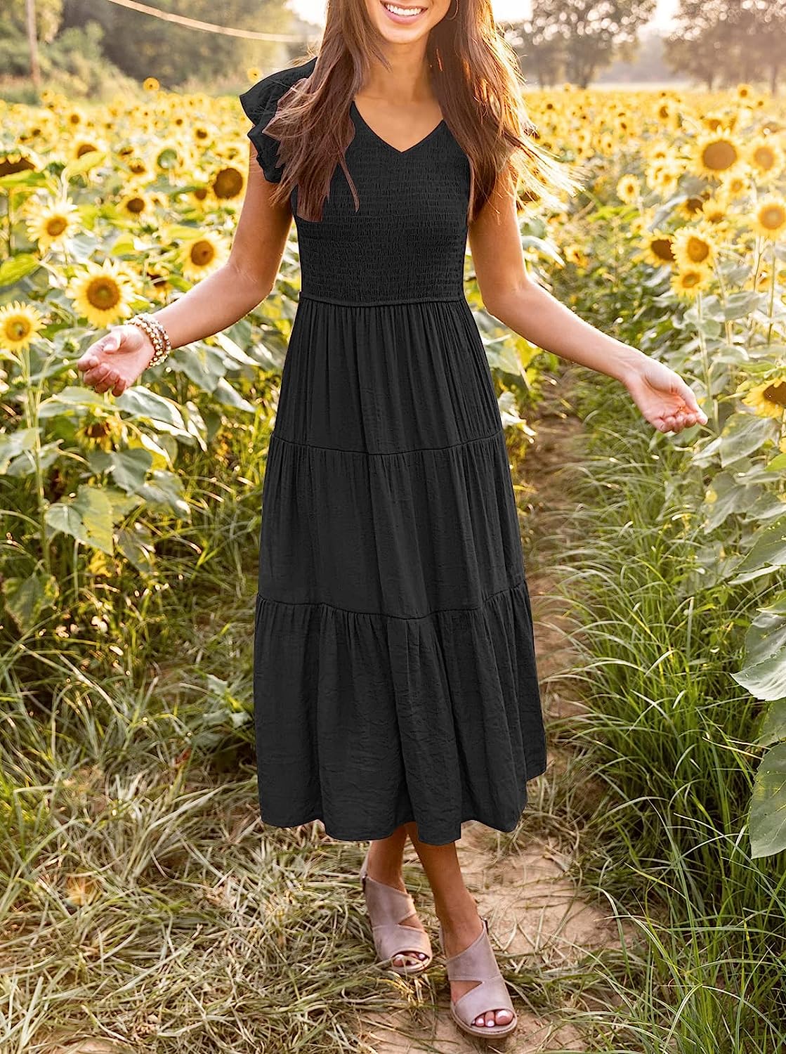 Women's Flutter Sleeve Smocked Midi Dress CD435