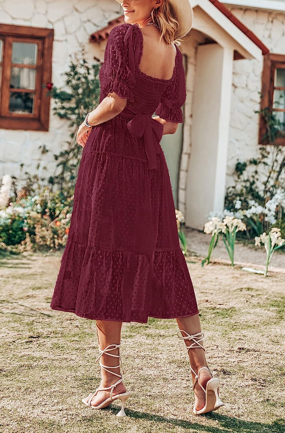 Women's Boho Swiss Dot Ruffle Flowy Tie Midi Dress CD444