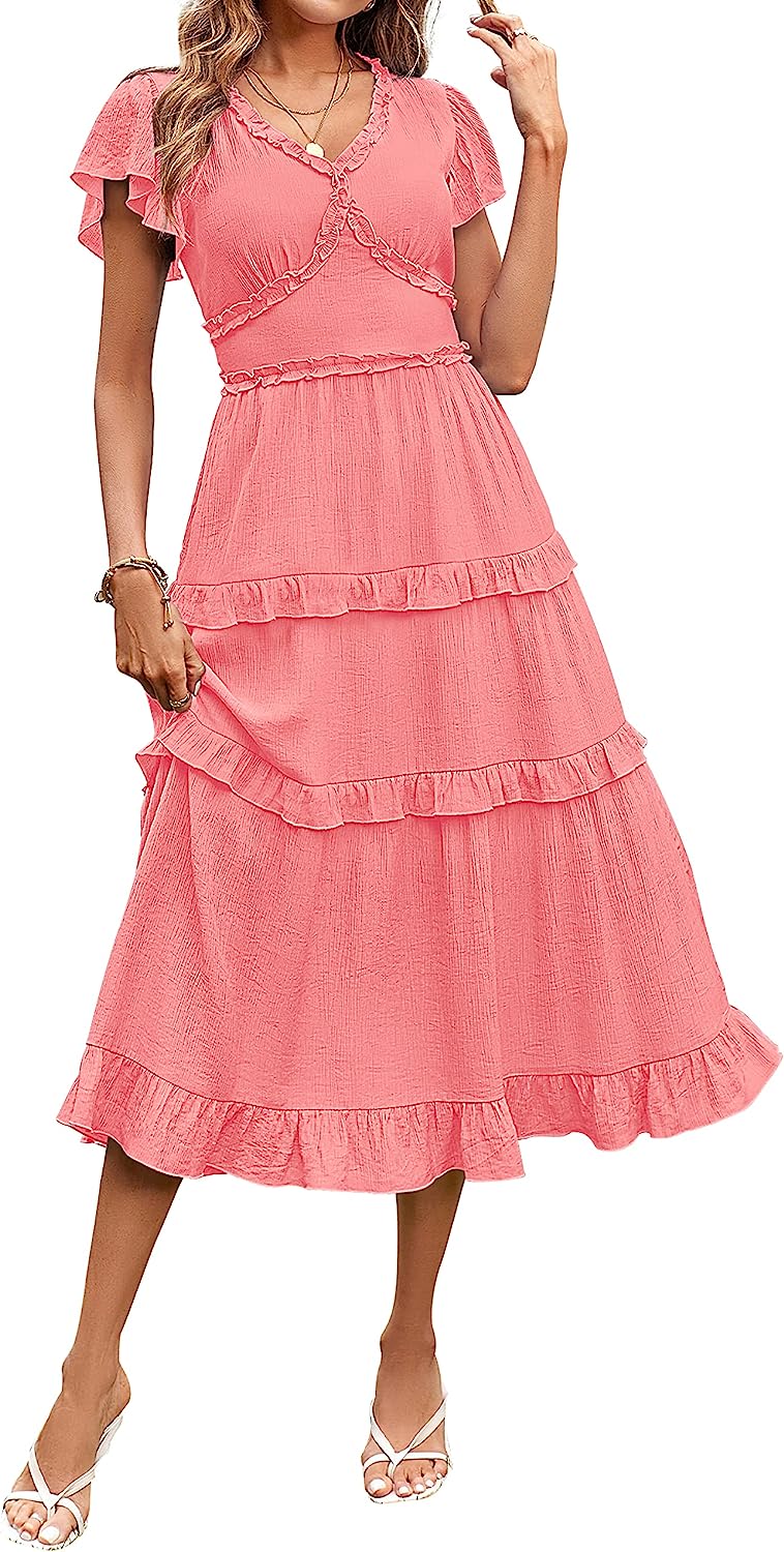 Womens V Neck Flutter Sleeve High Waist Midi Dress CD450