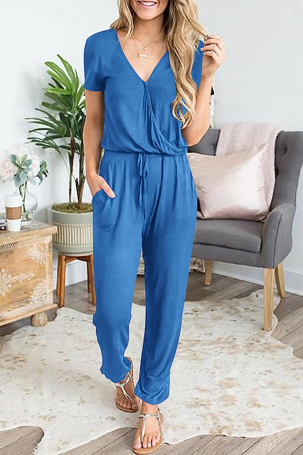 Women's Deep V Neck Drawstring Waist Jumpsuit CD496