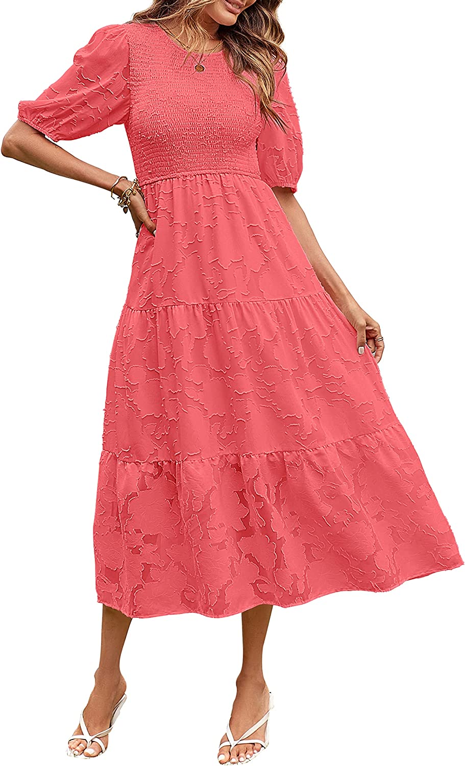 Women's Puff Sleeve Floral Crewneck Midi Dress CD451