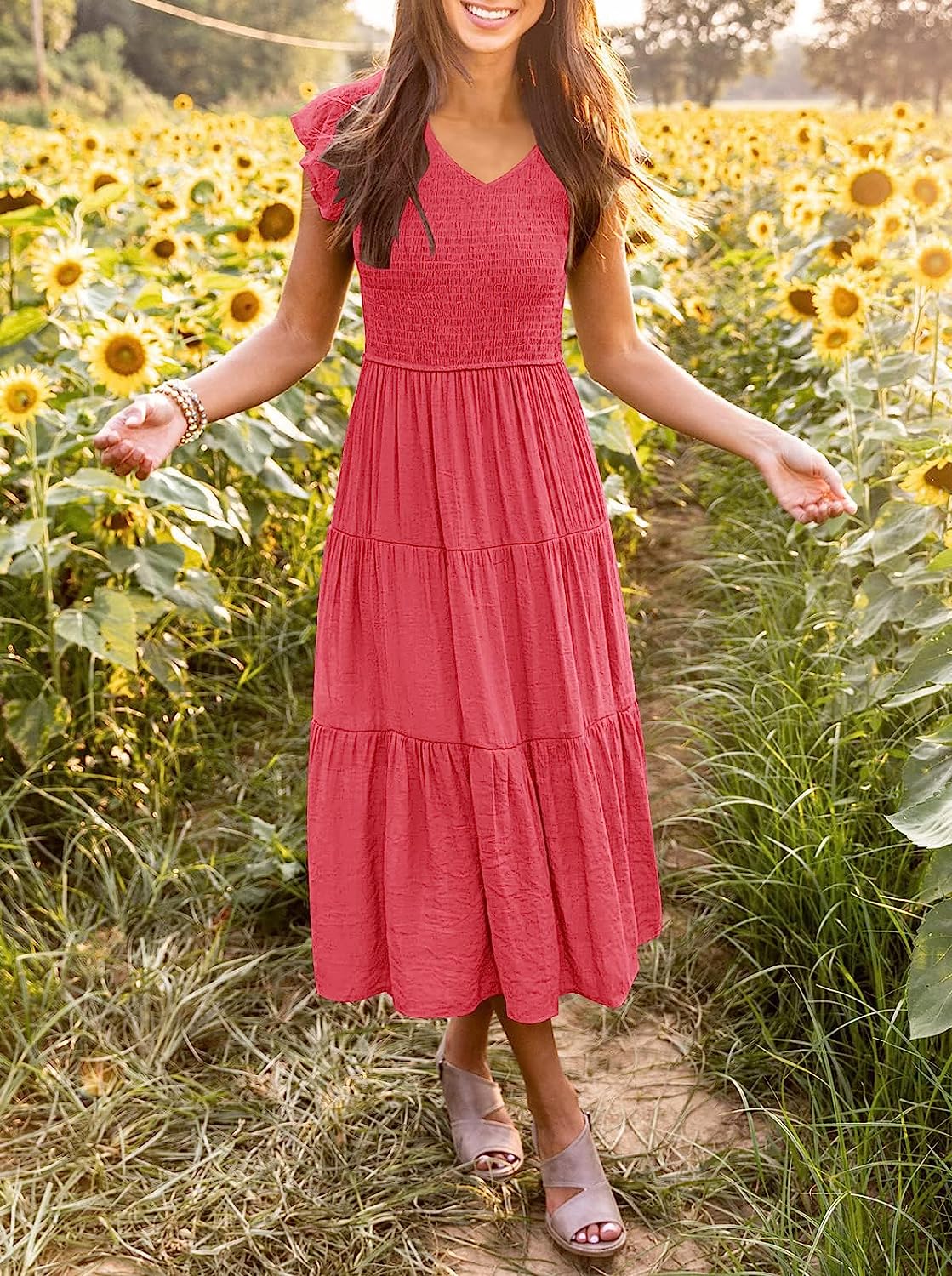Women's Flutter Sleeve Smocked Midi Dress CD435