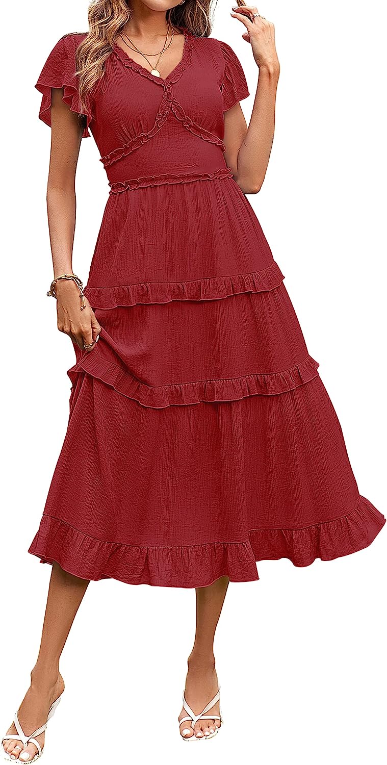 Womens V Neck Flutter Sleeve High Waist Midi Dress CD450