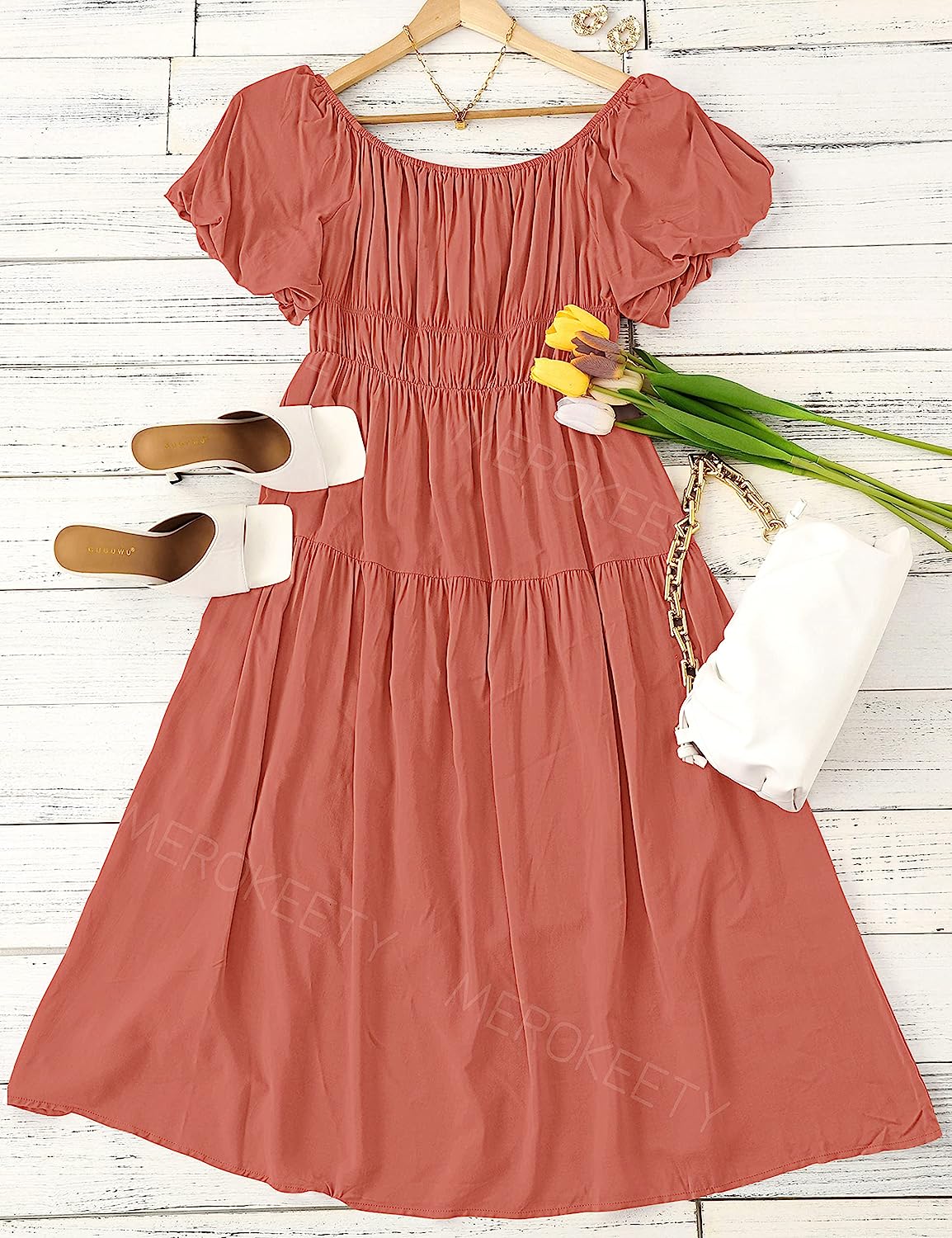 Women's Puff Sleeve Off Shoulder Summer Midi Dress CD446
