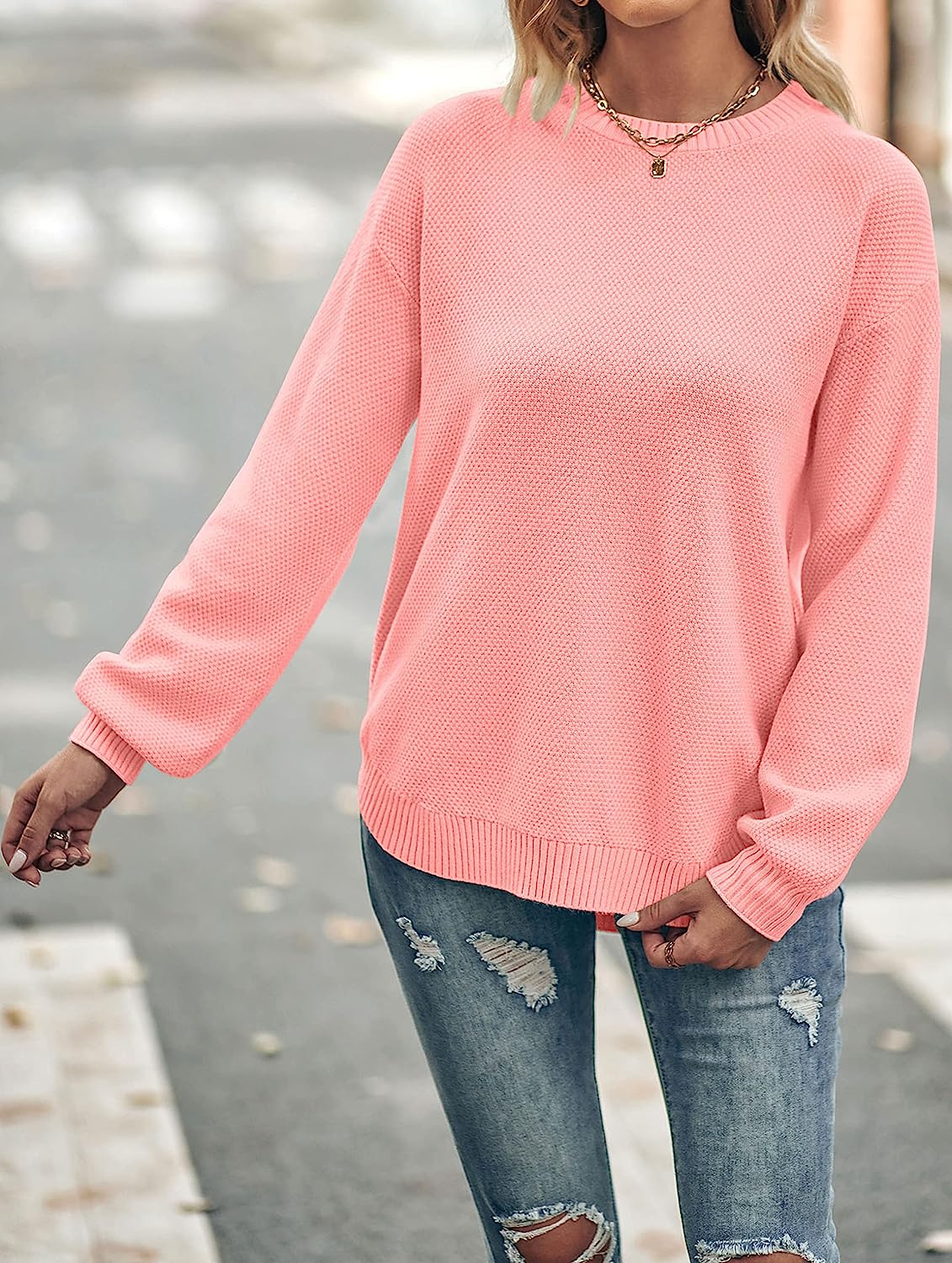Women's Long Balloon Sleeve Crew Neck Sweater Tops CD458