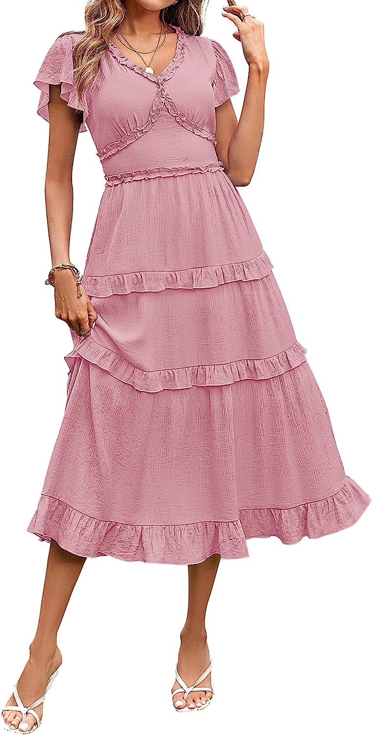 Womens V Neck Flutter Sleeve High Waist Midi Dress CD450