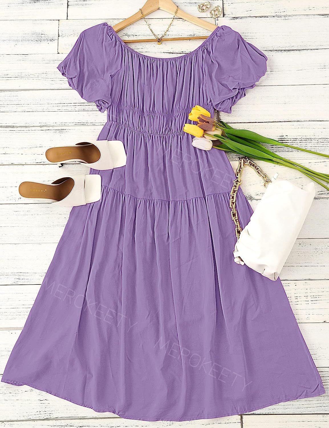 Women's Puff Sleeve Off Shoulder Summer Midi Dress CD446