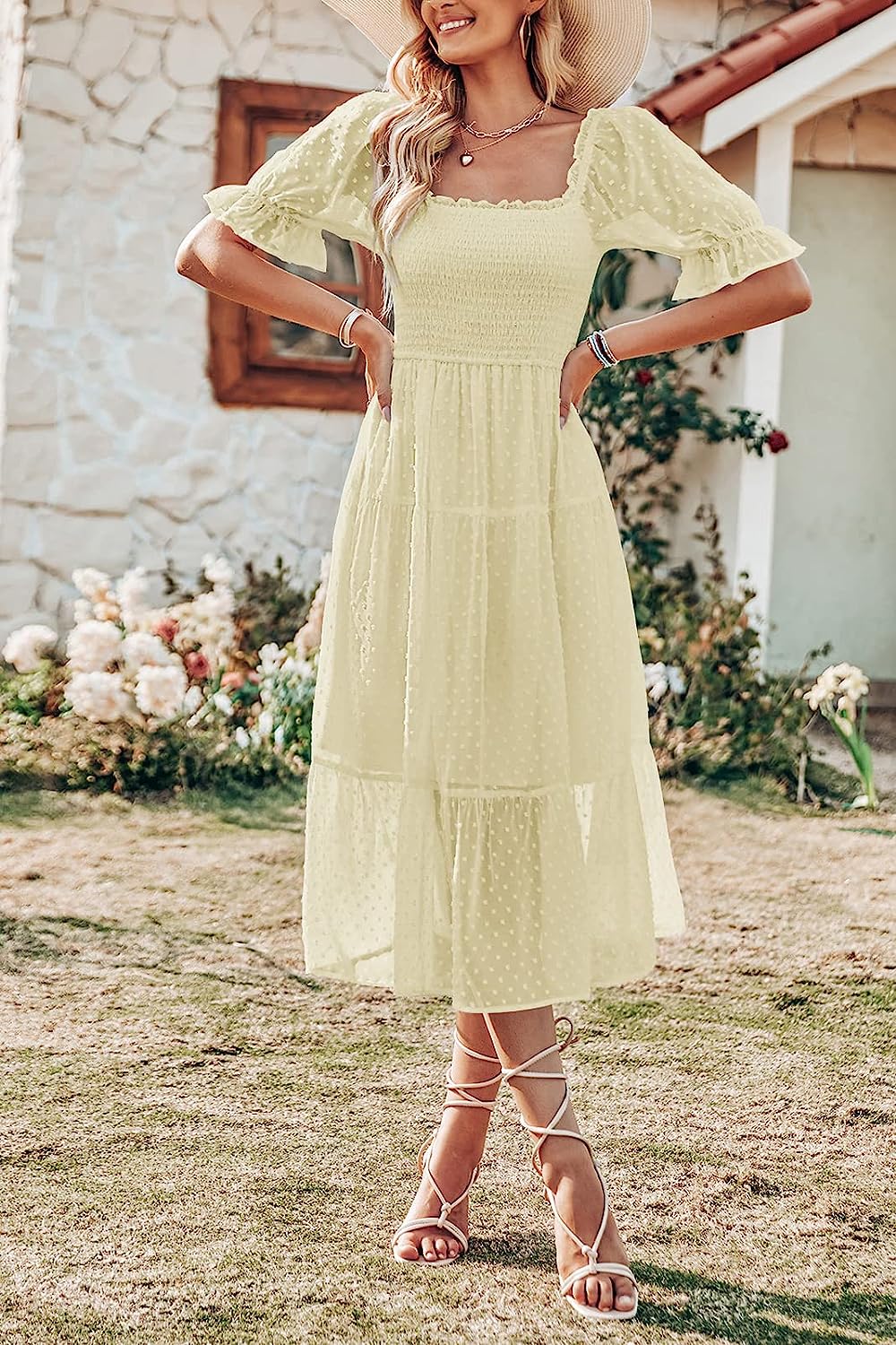 Women's Boho Swiss Dot Ruffle Flowy Tie Midi Dress CD444