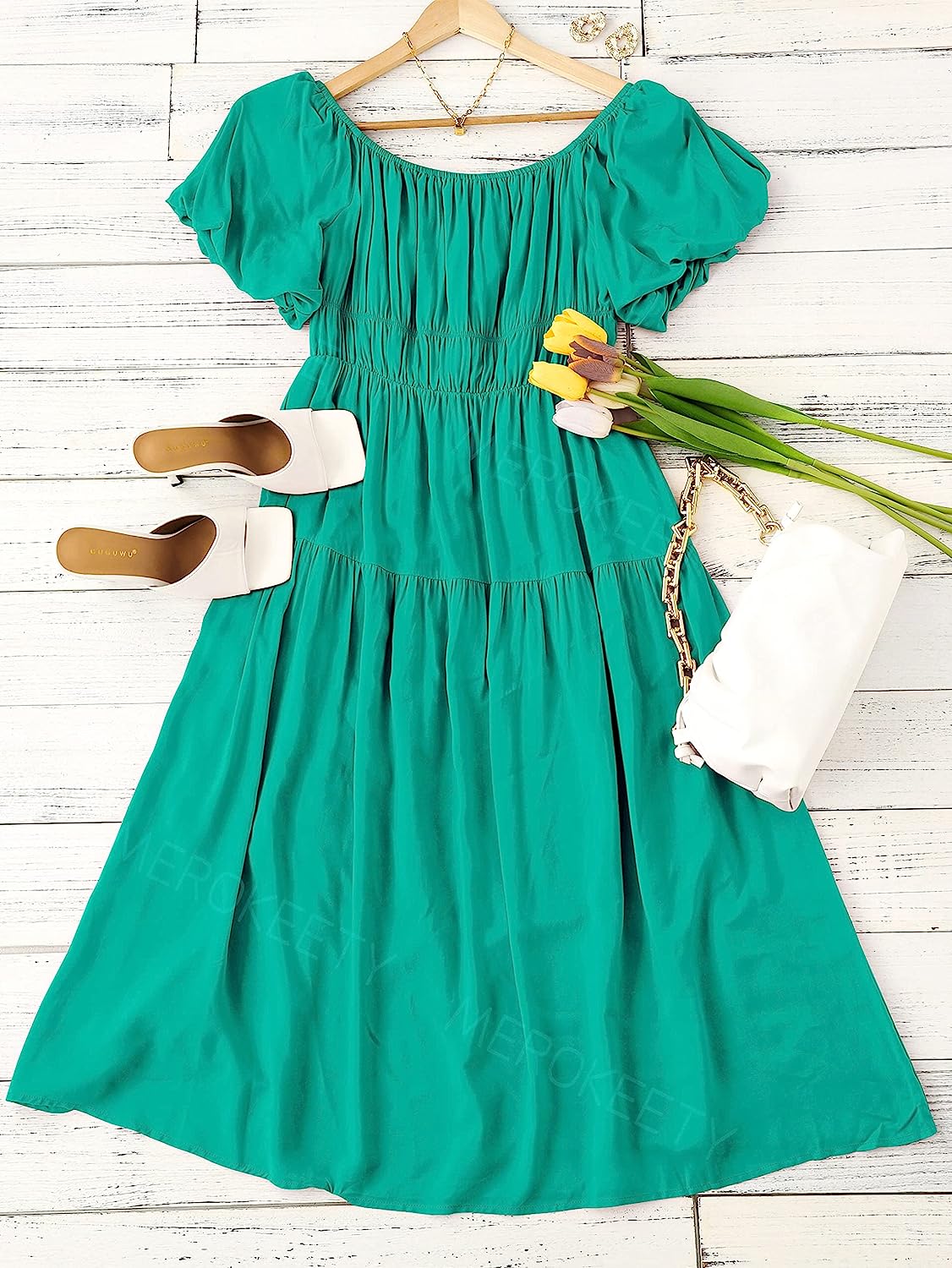 Women's Puff Sleeve Off Shoulder Summer Midi Dress CD446