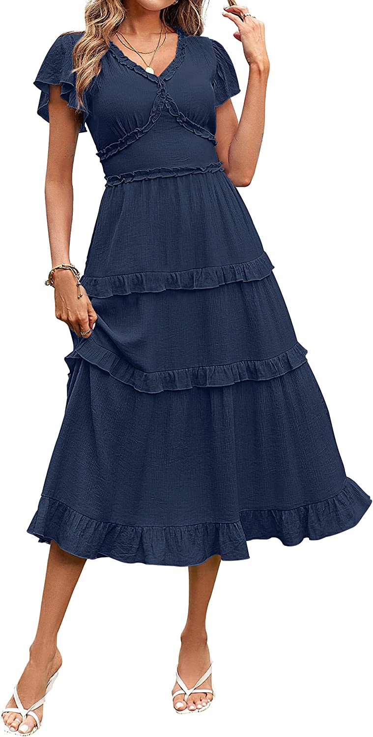 Womens V Neck Flutter Sleeve High Waist Midi Dress CD450