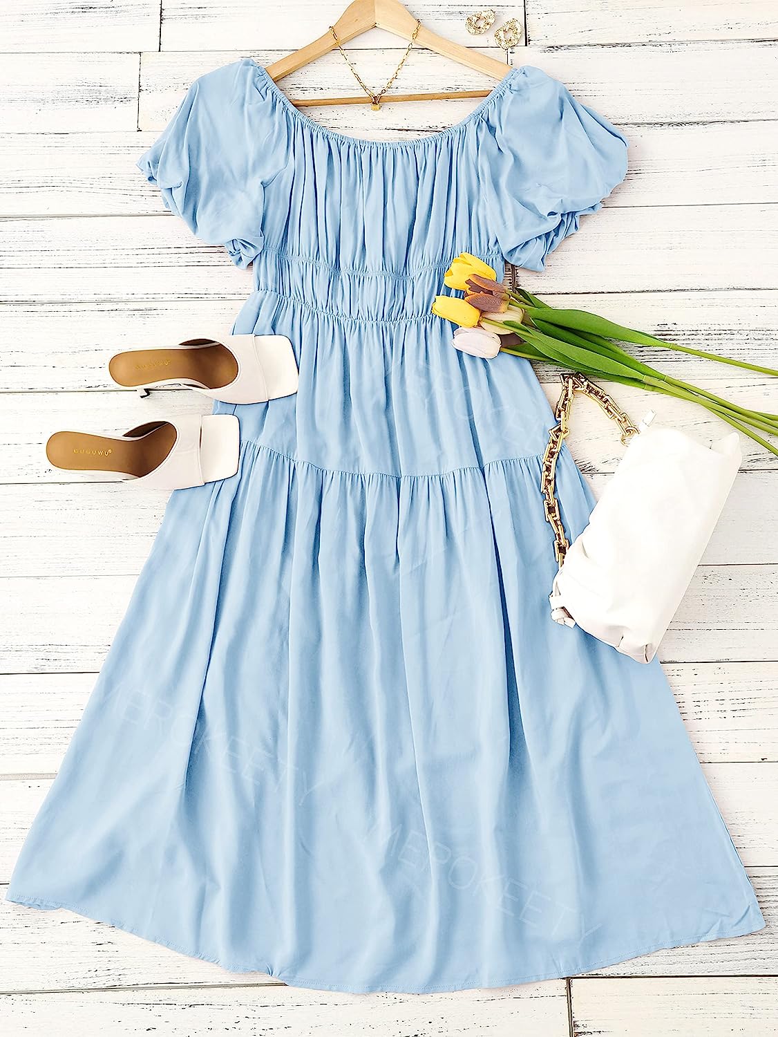 Women's Puff Sleeve Off Shoulder Summer Midi Dress CD446