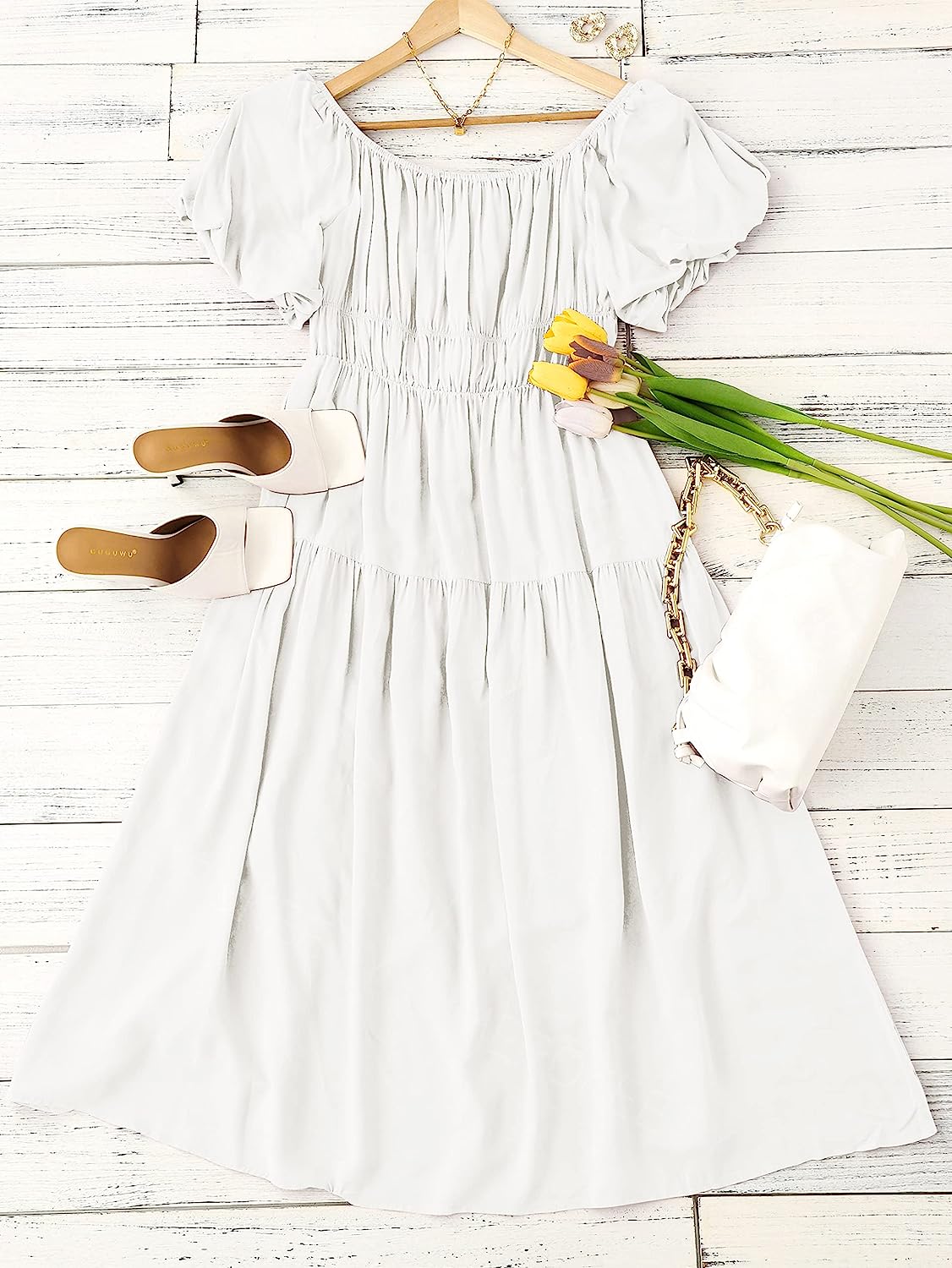 Women's Puff Sleeve Off Shoulder Summer Midi Dress CD446