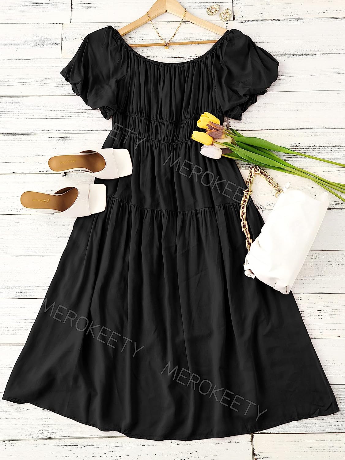 Women's Puff Sleeve Off Shoulder Summer Midi Dress CD446