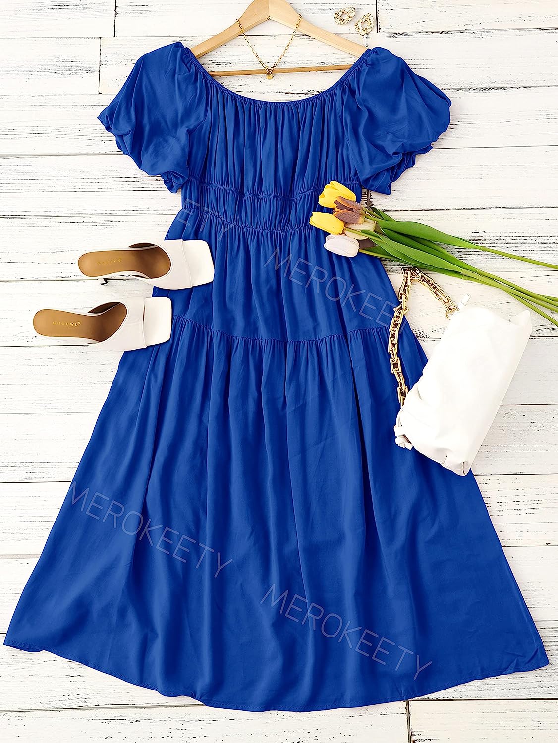 Women's Puff Sleeve Off Shoulder Summer Midi Dress CD446