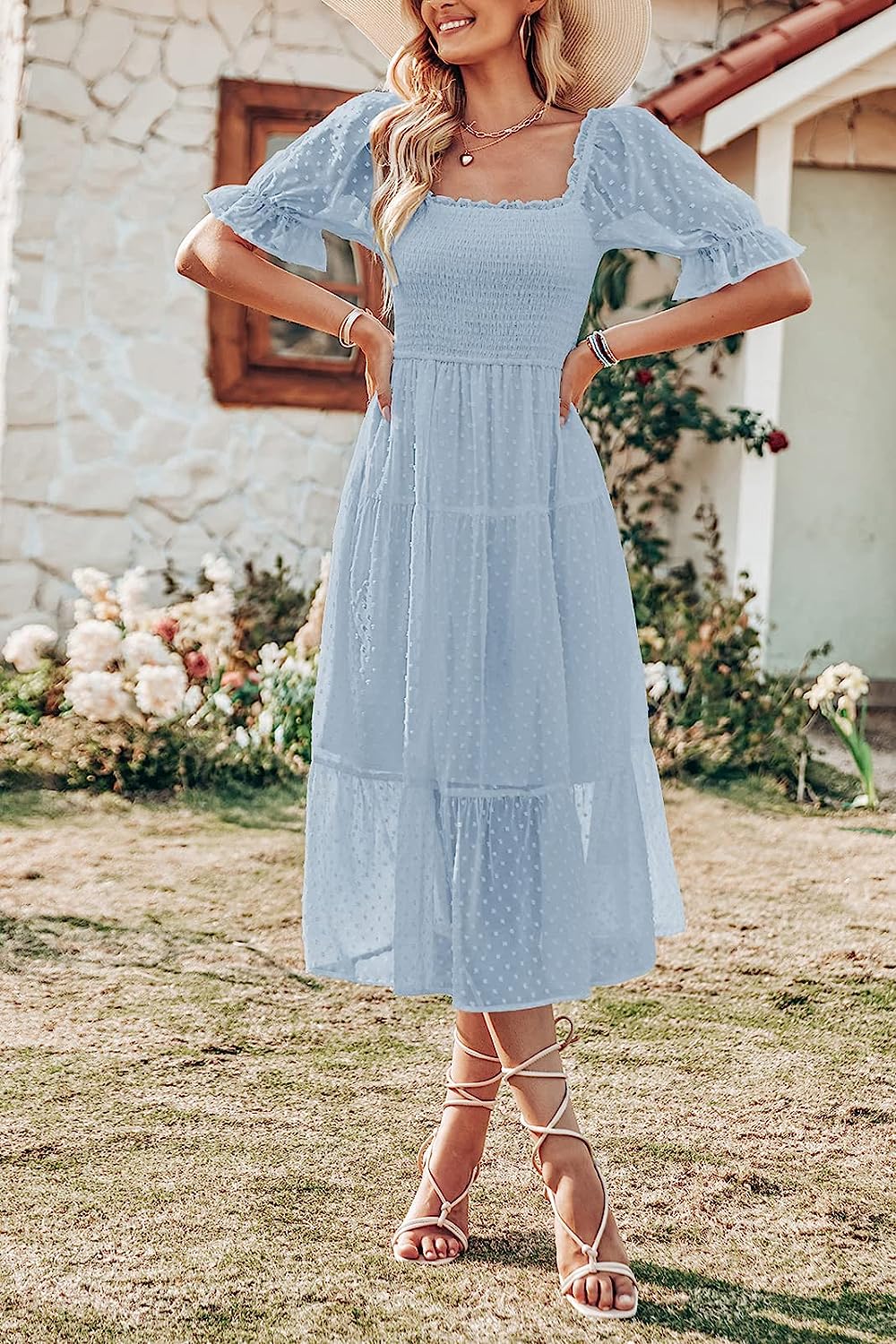 Women's Boho Swiss Dot Ruffle Flowy Tie Midi Dress CD444
