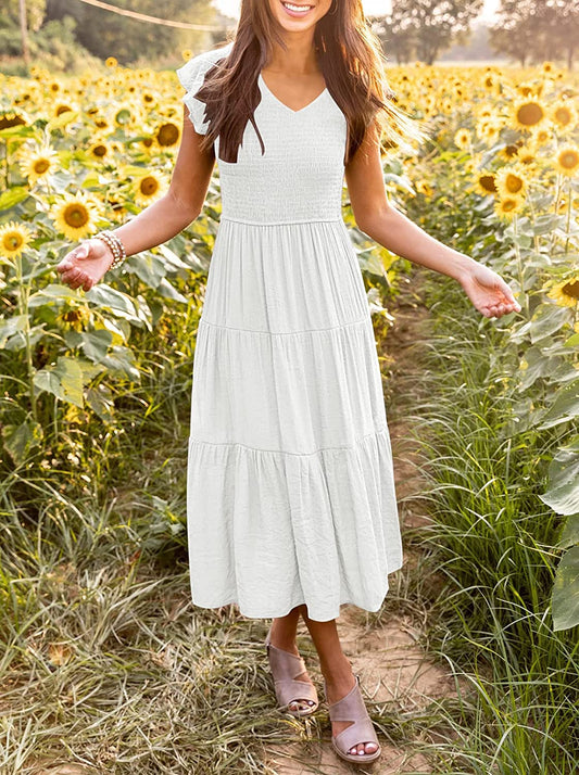 Women's Flutter Sleeve Smocked Midi Dress with Pockets CD447