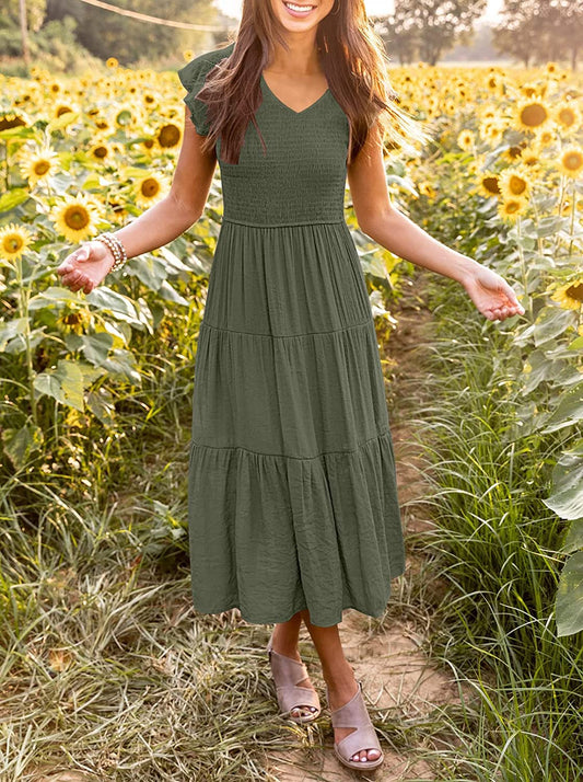 Women's Flutter Sleeve Smocked Midi Dress with Pockets CD437
