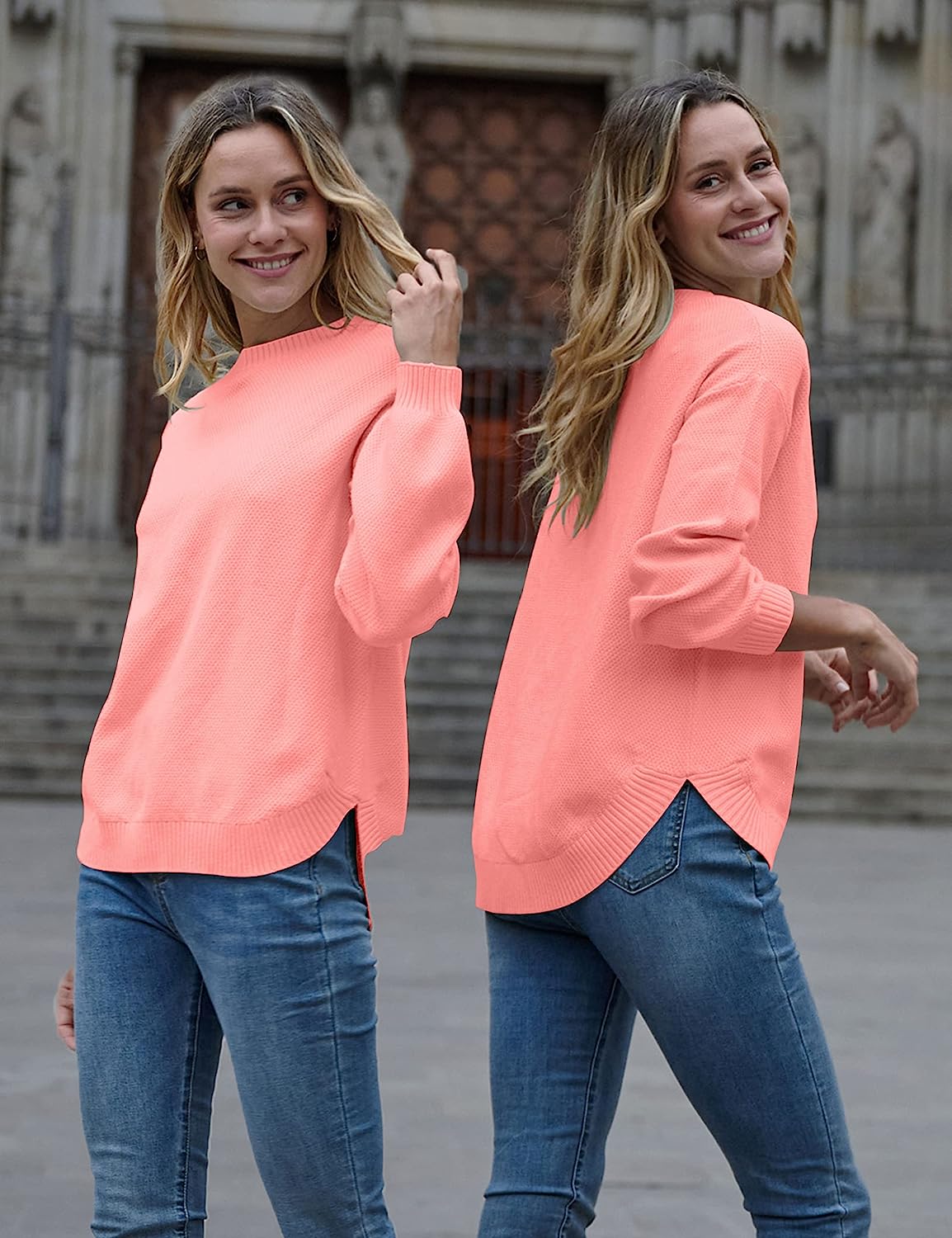 Women's Long Balloon Sleeve Crew Neck Sweater Tops CD458