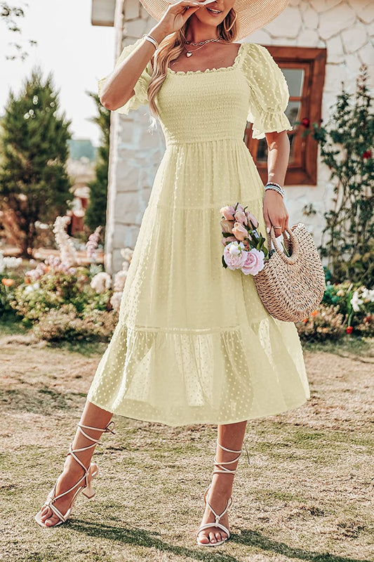 Women's Boho Swiss Dot Ruffle Flowy Tie Midi Dress CD444