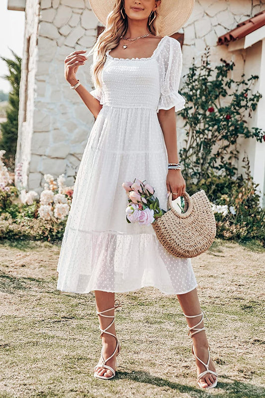 Women's Square Neck Puff Sleeve Boho Midi Dress CD436
