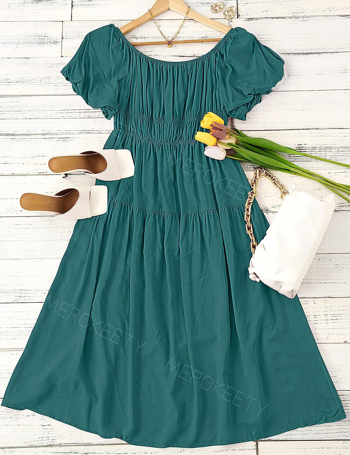 Women's Puff Sleeve Off Shoulder Summer Midi Dress CD446