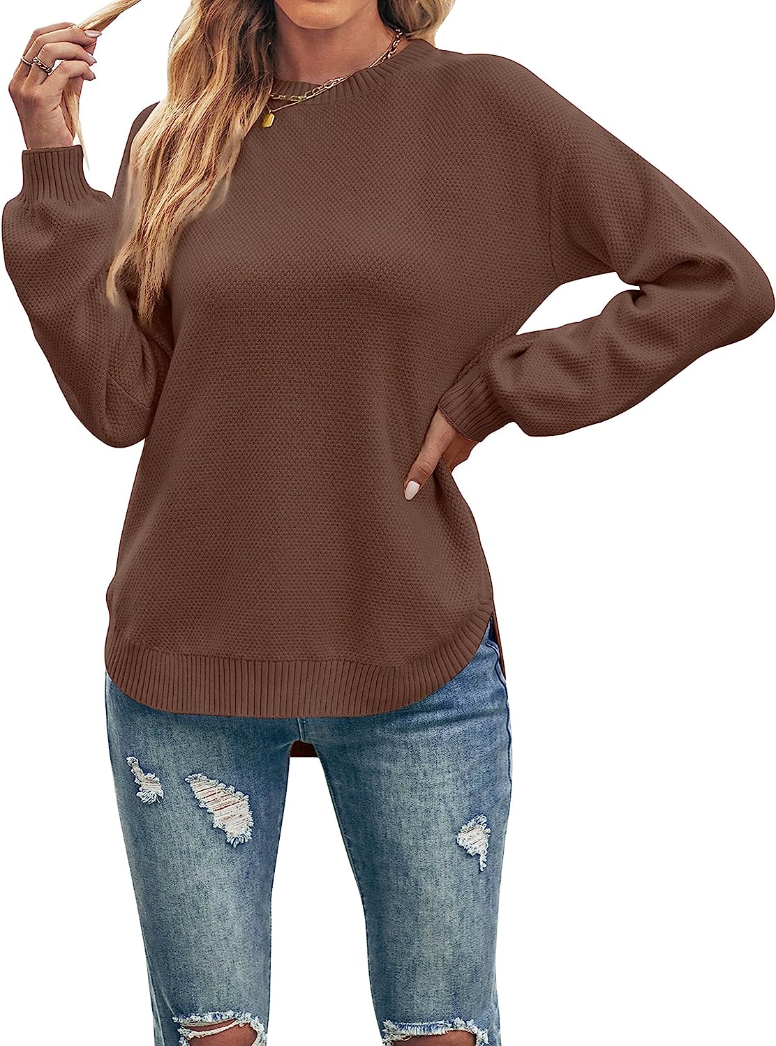 Women's Long Balloon Sleeve Crew Neck Sweater Tops CD458