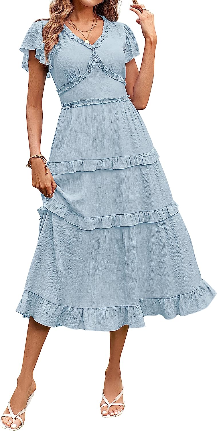 Womens V Neck Flutter Sleeve High Waist Midi Dress CD450