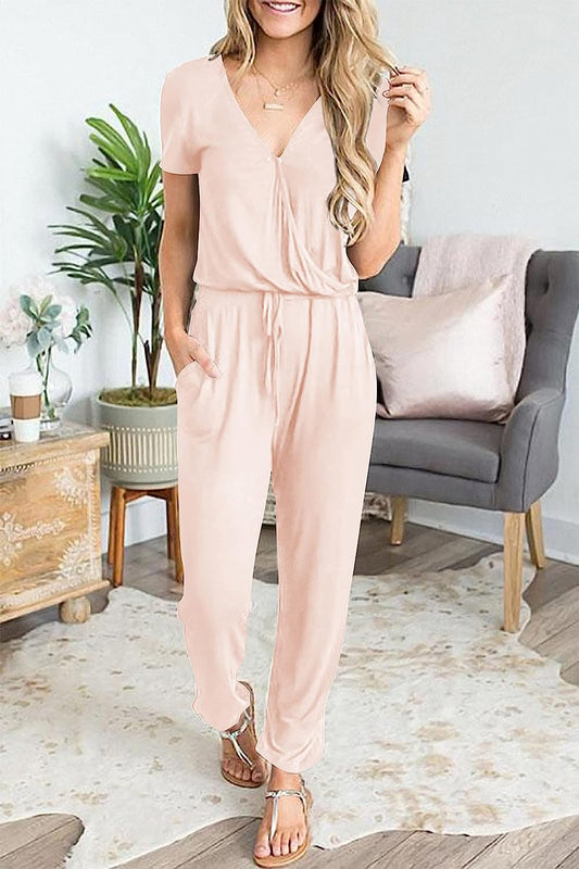 Women's Deep V Neck Short Sleeve Drawstring Jumpsuit CD463